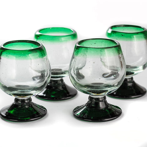 Mini Glass Snifters Hand Blown Shot Glasses - Set of 4 - 2 oz (Green Rim) - MEXTEQUIL: MEXICRAFT IMPORTS LLC