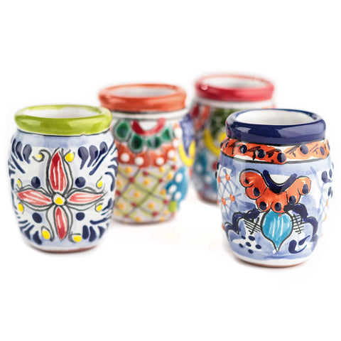 Talavera Shot Glasses - Set of 4 - 2 Oz (Barrel Rim Colors) - MEXTEQUIL: MEXICRAFT IMPORTS LLC