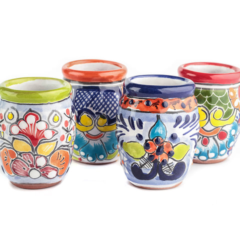 Talavera Shot Glasses - Set of 4 - 2 Oz (Barrel Rim Colors) - MEXTEQUIL: MEXICRAFT IMPORTS LLC