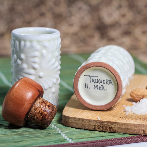 Vasos tequileros de Cerámica Talavera - Set de 4 - 60 mL - Plumeado Blanco