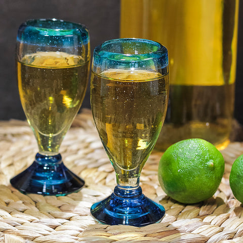 Hand Blown Shot Glasses - Set of 4 - 2 Oz (Tall Aqua Rim) - MEXTEQUIL: MEXICRAFT IMPORTS LLC