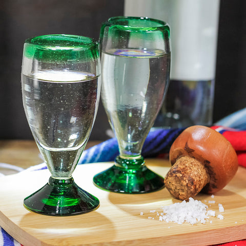 Hand Blown Shot Glasses - Set of 4 - 2 Oz (Tall Green Rim) - MEXTEQUIL: MEXICRAFT IMPORTS LLC