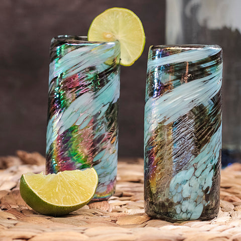 Hand Blown Shot Glasses - Set of 4 - 2 Oz (Aurora Borealis) - MEXTEQUIL: MEXICRAFT IMPORTS LLC