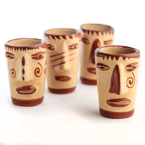 Terracotta Shot Glasses - Set of 4 - 2 Oz (Faces) - MEXTEQUIL: MEXICRAFT IMPORTS LLC