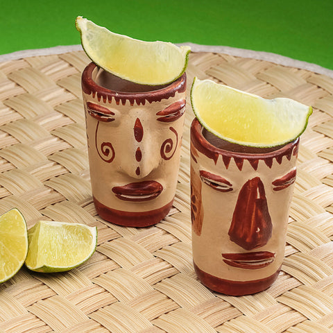 Terracotta Shot Glasses - Set of 4 - 2 Oz (Faces) - MEXTEQUIL: MEXICRAFT IMPORTS LLC