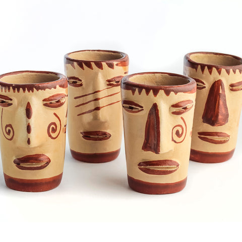 Terracotta Shot Glasses - Set of 4 - 2 Oz (Faces) - MEXTEQUIL: MEXICRAFT IMPORTS LLC