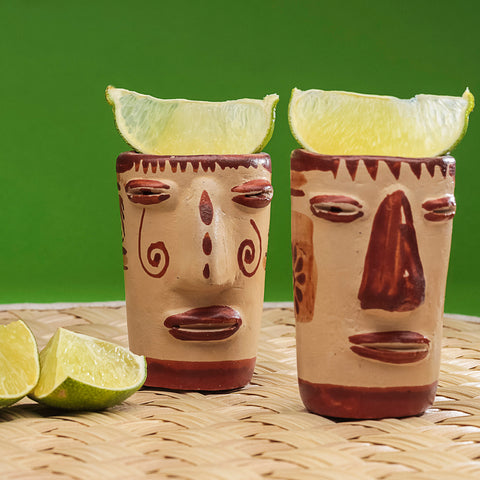 Terracotta Shot Glasses - Set of 4 - 2 Oz (Faces) - MEXTEQUIL: MEXICRAFT IMPORTS LLC