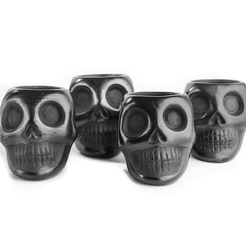 Black Clay Mexican Shot Glasses - Set of 4 - 2 Oz (Skull) - MEXTEQUIL: MEXICRAFT IMPORTS LLC