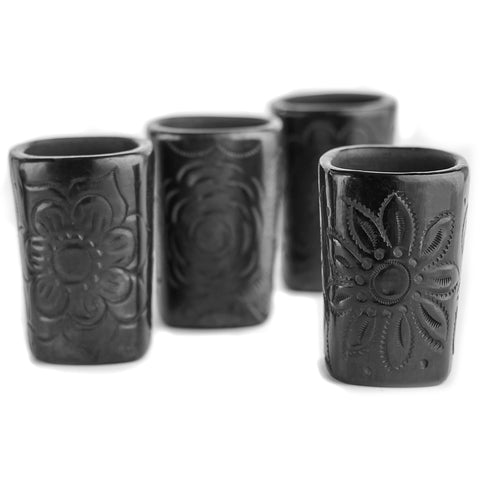 Black Clay Mexican Shot Glasses - Set of 4 - 2 Oz (Square) - MEXTEQUIL: MEXICRAFT IMPORTS LLC