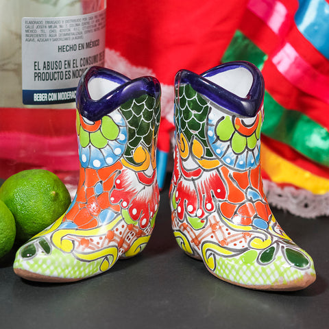 Talavera Cowboy Boot Shot Glasses - Set of 2 - 3 Oz (Green) - MEXTEQUIL: MEXICRAFT IMPORTS LLC