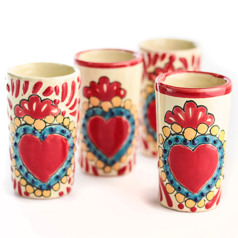 Talavera Shot Glasses - Set of 4 - 2 Oz (Red Heart) - MEXTEQUIL: MEXICRAFT IMPORTS LLC