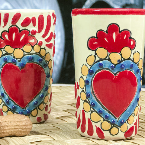 Talavera Shot Glasses - Set of 4 - 2 Oz (Red Heart) - MEXTEQUIL: MEXICRAFT IMPORTS LLC