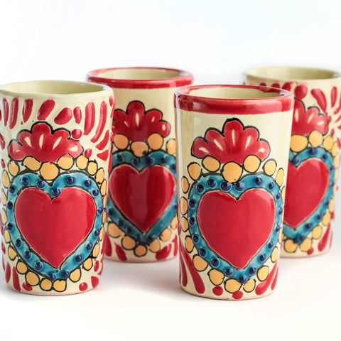 Talavera Shot Glasses - Set of 4 - 2 Oz (Red Heart) - MEXTEQUIL: MEXICRAFT IMPORTS LLC