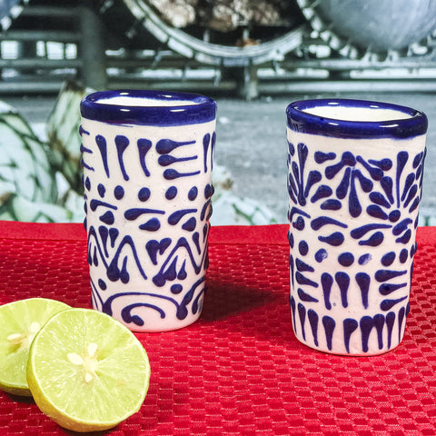 Talavera Shot Glasses - Set of 4 - 2 Oz (Blue Lace) - MEXTEQUIL: MEXICRAFT IMPORTS LLC