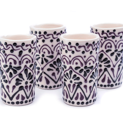 Talavera Shot Glasses - Set of 4 - 2 Oz (Black Lace) - MEXTEQUIL: MEXICRAFT IMPORTS LLC