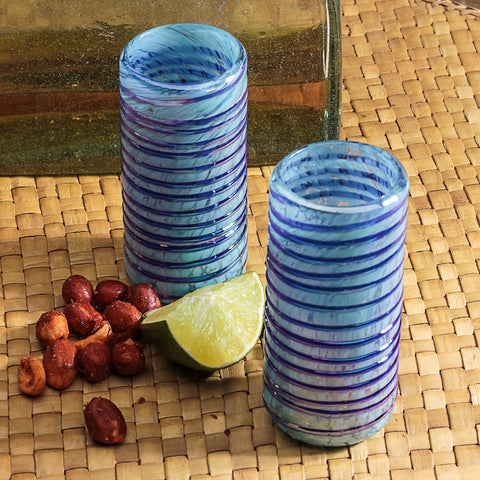 Hand Blown Shot Glasses - Set of 4 - 2 Oz (Sapphire Spiral) - MEXTEQUIL: MEXICRAFT IMPORTS LLC