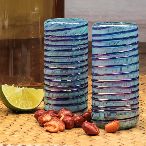 Hand Blown Shot Glasses - Set of 4 - 2 Oz (Sapphire Spiral) - MEXTEQUIL: MEXICRAFT IMPORTS LLC