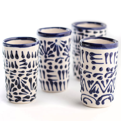 Talavera Shot Glasses - Set of 4 - 2 Oz (Blue Lace) - MEXTEQUIL: MEXICRAFT IMPORTS LLC