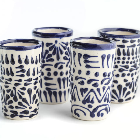 Talavera Shot Glasses - Set of 4 - 2 Oz (Blue Lace) - MEXTEQUIL: MEXICRAFT IMPORTS LLC