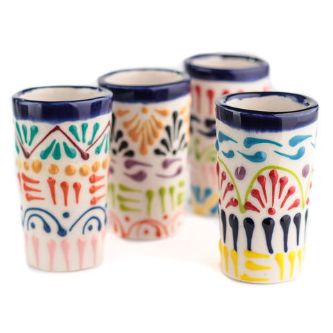 Talavera Shot Glasses - Set of 4 - 2 Oz (Colors Lace) - MEXTEQUIL: MEXICRAFT IMPORTS LLC