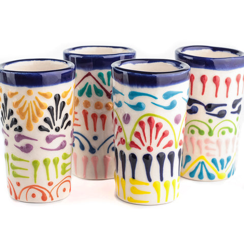 Talavera Shot Glasses - Set of 4 - 2 Oz (Colors Lace) - MEXTEQUIL: MEXICRAFT IMPORTS LLC