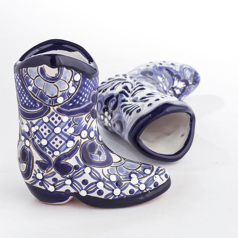 Talavera Cowboy Boot Shot Glasses - Set of 2 - 3 Oz (Blue and White) - MEXTEQUIL: MEXICRAFT IMPORTS LLC