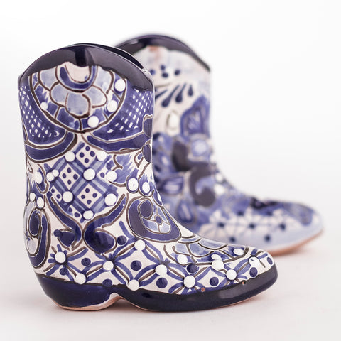 Talavera Cowboy Boot Shot Glasses - Set of 2 - 3 Oz (Blue and White) - MEXTEQUIL: MEXICRAFT IMPORTS LLC