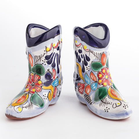 Talavera Cowboy Boot Shot Glasses - Set of 2 - 3 Oz (Sky Blue) - MEXTEQUIL: MEXICRAFT IMPORTS LLC