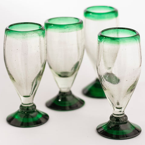 Hand Blown Shot Glasses - Set of 4 - 2 Oz (Tall Green Rim) - MEXTEQUIL: MEXICRAFT IMPORTS LLC