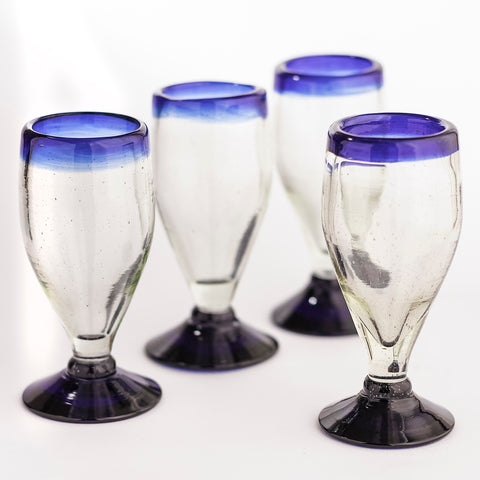 Hand Blown Shot Glasses - Set of 4 - 2 Oz (Tall Blue Rim) - MEXTEQUIL: MEXICRAFT IMPORTS LLC