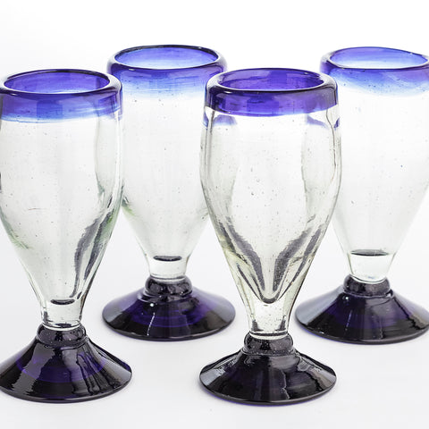 Hand Blown Shot Glasses - Set of 4 - 2 Oz (Tall Blue Rim) - MEXTEQUIL: MEXICRAFT IMPORTS LLC