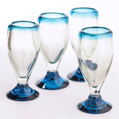 Hand Blown Shot Glasses - Set of 4 - 2 Oz (Tall Aqua Rim) - MEXTEQUIL: MEXICRAFT IMPORTS LLC