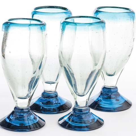 Hand Blown Shot Glasses - Set of 4 - 2 Oz (Tall Aqua Rim) - MEXTEQUIL: MEXICRAFT IMPORTS LLC