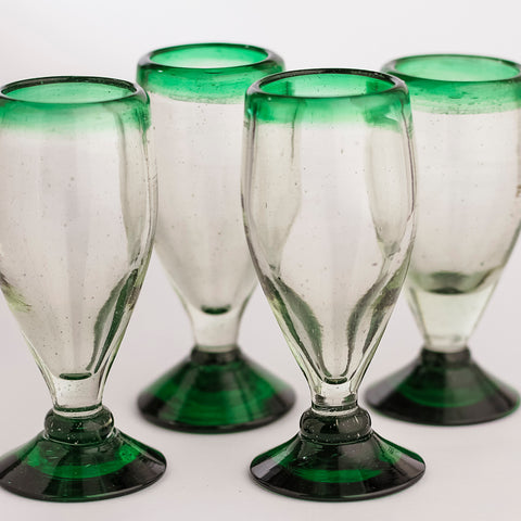 Hand Blown Shot Glasses - Set of 4 - 2 Oz (Tall Green Rim) - MEXTEQUIL: MEXICRAFT IMPORTS LLC