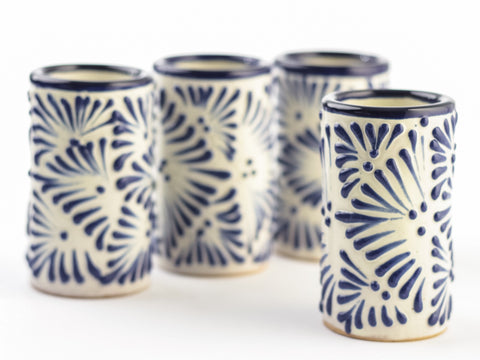 Talavera Shot Glasses - Set of 4 - 2 Oz (Lathe-Turned Blue) - MEXTEQUIL: MEXICRAFT IMPORTS LLC