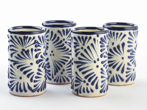 Talavera Shot Glasses - Set of 4 - 2 Oz (Lathe-Turned Blue) - MEXTEQUIL: MEXICRAFT IMPORTS LLC