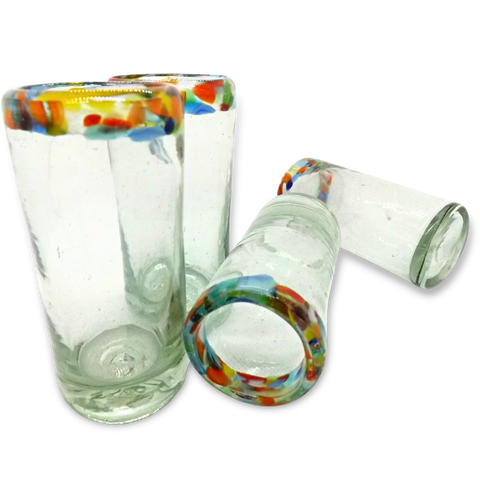 Hand Blown Shot Glasses - Set of 4 - 2 Oz (Confetti Rim) - MEXTEQUIL: MEXICRAFT IMPORTS LLC