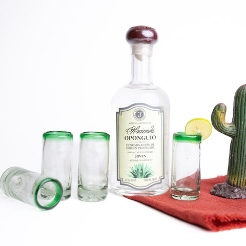 Hand Blown Shot Glasses - Set of 4 - 2 Oz (Green Rim) - MEXTEQUIL: MEXICRAFT IMPORTS LLC