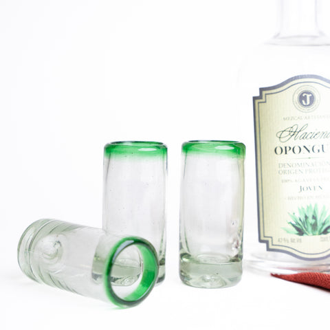 Hand Blown Shot Glasses - Set of 4 - 2 Oz (Green Rim) - MEXTEQUIL: MEXICRAFT IMPORTS LLC