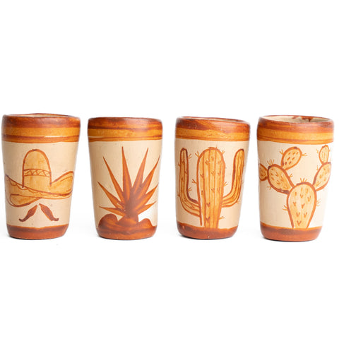 Terracotta Shot Glasses - Set of 4 - 2 Oz (Mexican Icons) - MEXTEQUIL: MEXICRAFT IMPORTS LLC