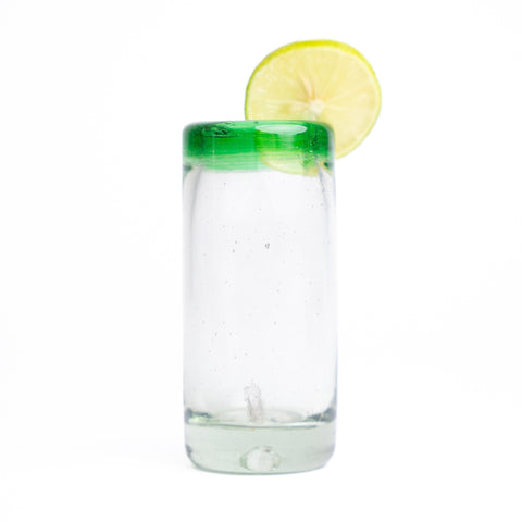 Hand Blown Shot Glasses - Set of 4 - 2 Oz (Green Rim) - MEXTEQUIL: MEXICRAFT IMPORTS LLC