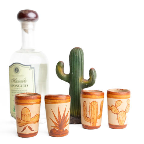 Terracotta Shot Glasses - Set of 4 - 2 Oz (Mexican Icons) - MEXTEQUIL: MEXICRAFT IMPORTS LLC