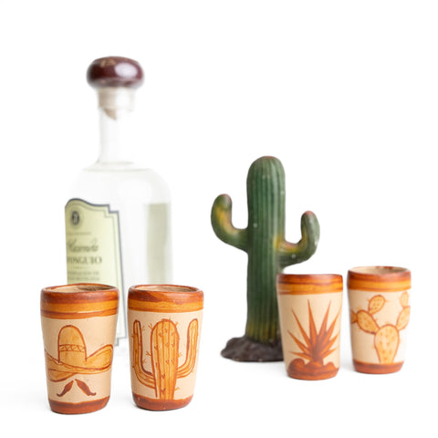 Terracotta Shot Glasses - Set of 4 - 2 Oz (Mexican Icons) - MEXTEQUIL: MEXICRAFT IMPORTS LLC