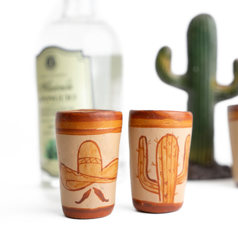 Terracotta Shot Glasses - Set of 4 - 2 Oz (Mexican Icons) - MEXTEQUIL: MEXICRAFT IMPORTS LLC