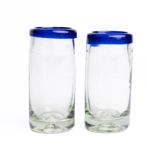 Hand Blown Shot Glasses - Set of 4 - 2 Oz (Cobalt Rim) - MEXTEQUIL: MEXICRAFT IMPORTS LLC