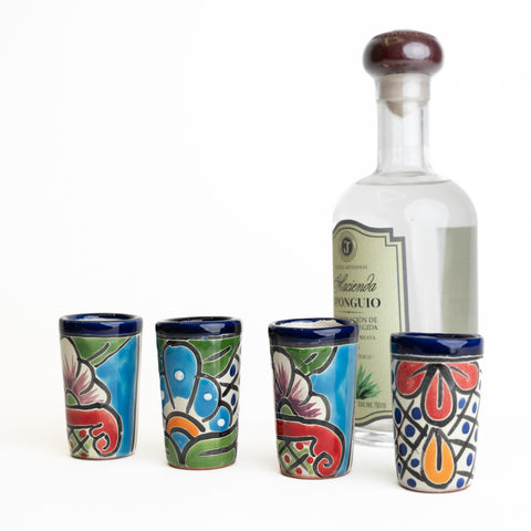 Talavera Shot Glasses - Set of 4 - 2 Oz (Blue/Green) - MEXTEQUIL: MEXICRAFT IMPORTS LLC