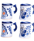 Talavera Shot Glasses - Set of 4 - 2 Oz (Blue/Flowers w/Handle) - MEXTEQUIL: MEXICRAFT IMPORTS LLC