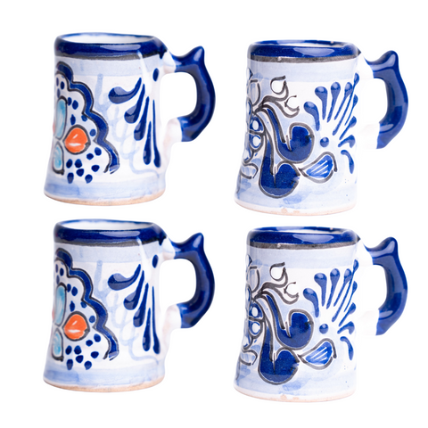 Talavera Shot Glasses - Set of 4 - 2 Oz (Blue/Flowers w/Handle) - MEXTEQUIL: MEXICRAFT IMPORTS LLC