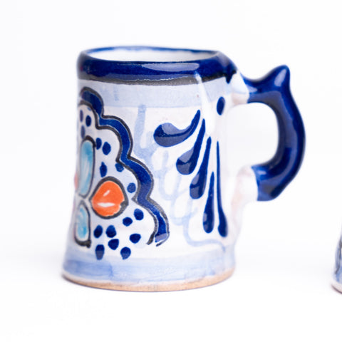 Talavera Shot Glasses - Set of 4 - 2 Oz (Blue/Flowers w/Handle) - MEXTEQUIL: MEXICRAFT IMPORTS LLC