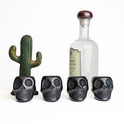 Black Clay Mexican Shot Glasses - Set of 4 - 2 Oz (Skull) - MEXTEQUIL: MEXICRAFT IMPORTS LLC